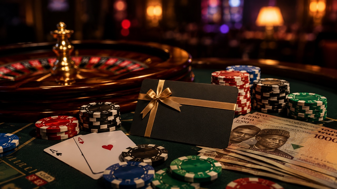 Pin Up Nigeria casino scene with welcome bonus, free spins, mobile app, Nigerian flag and gaming elements for an article about how Pin Up works